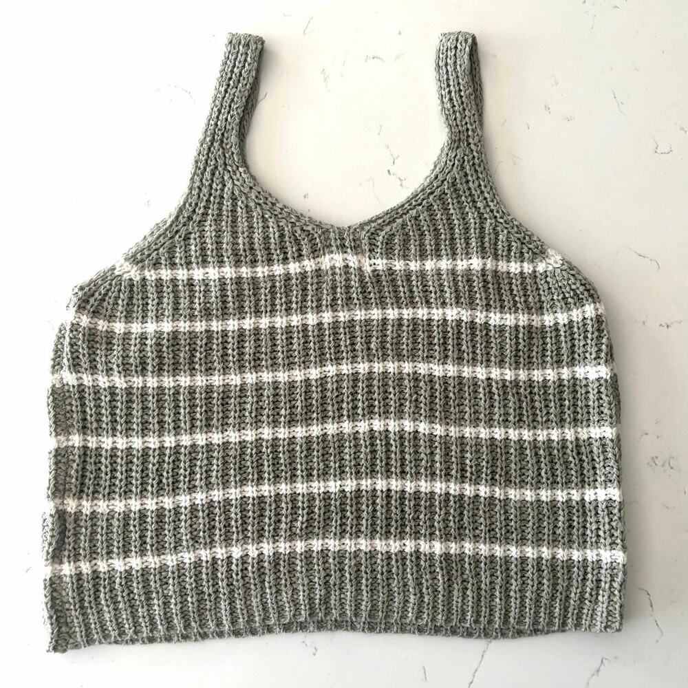 Blue Rain chunky knit tank top sz M green white striped boho capsule minimalist